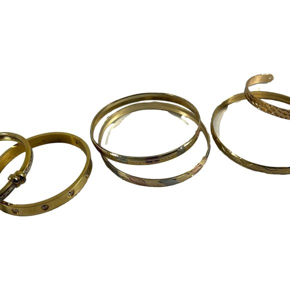 Mixed Lot of 6 Gold Tone Bangle Bracelets Textured Rhinestones Stackable - Picture 2 of 11
